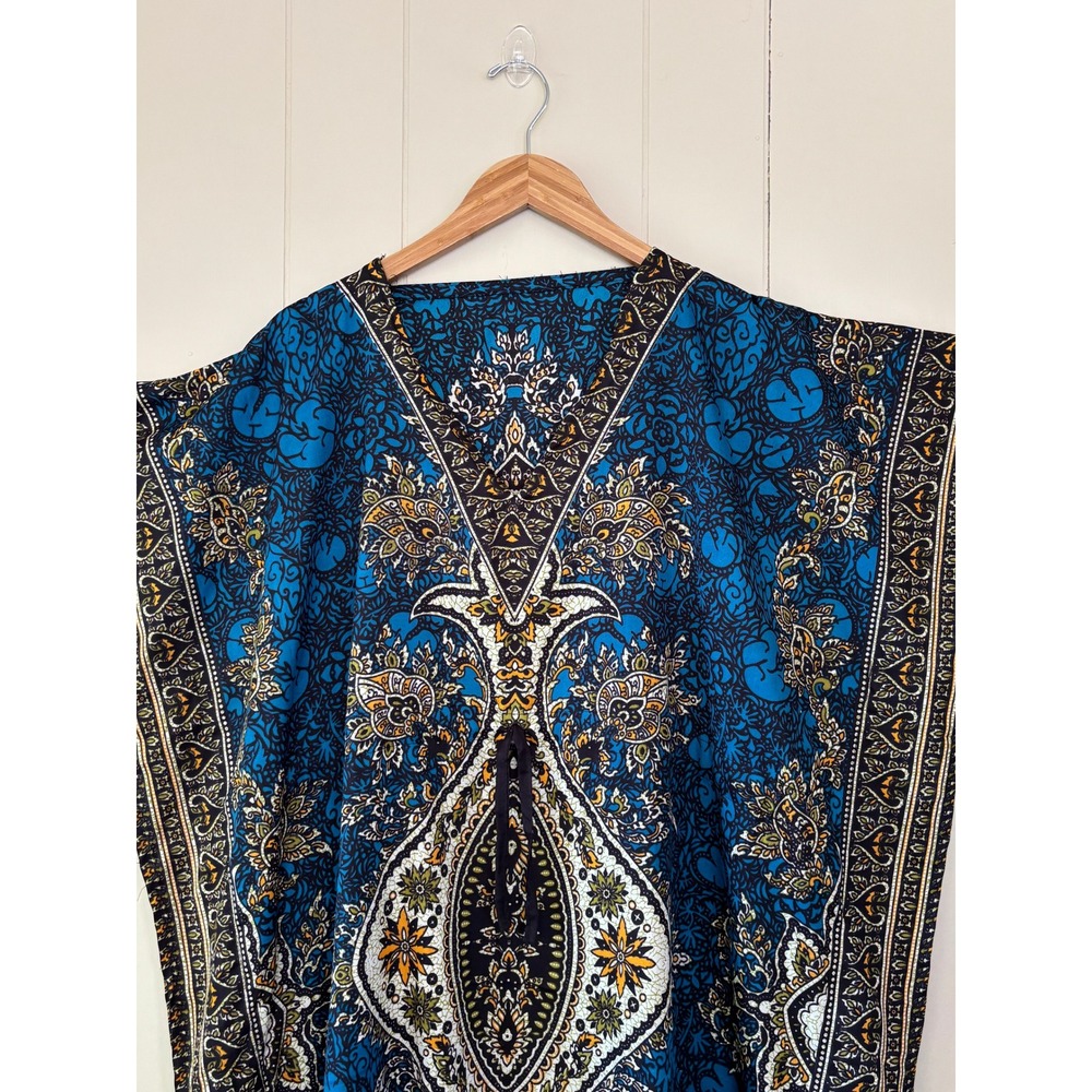 Blue Paisley Medallion Kaftan Maxi Dress Drawstring Waist Kimono Sleeve Resort